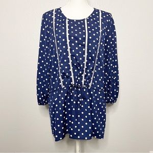 Suzanne Betro Blue and White Polka Dot Blouse with Adjustable Tie Drop Waist 2X